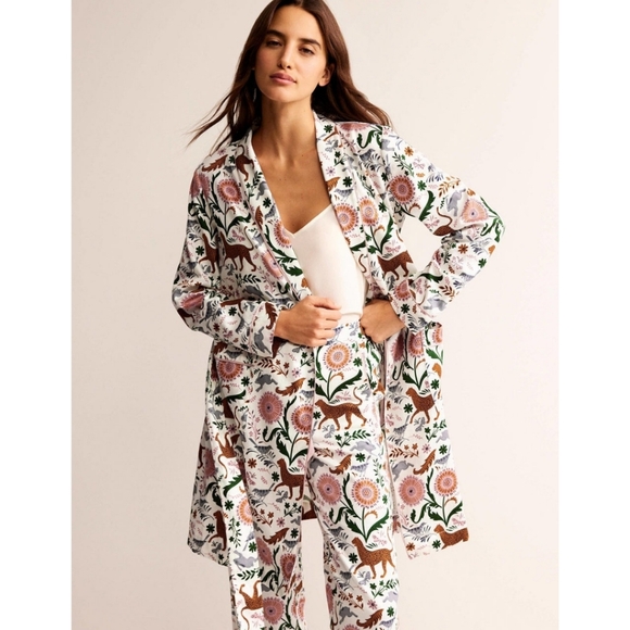 Boden Ivory Jungle Floral Print Cotton Sateen Dressing Gown / Robe Size XS - Picture 7 of 8